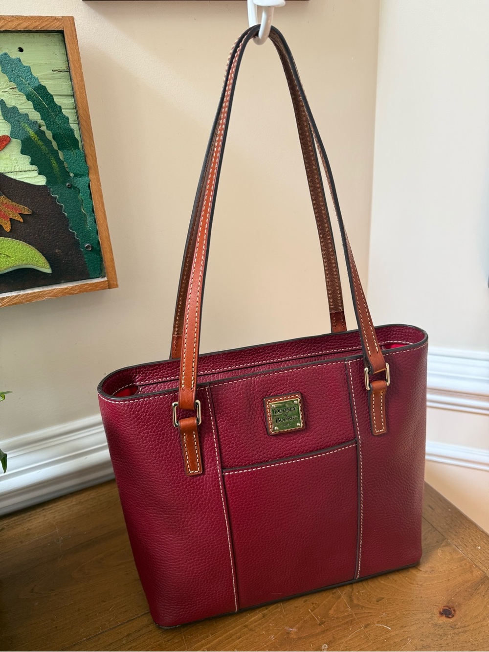 Dooney & Bourke Lexington Wine Red Pebbled Leather Shopper Tote with Tan Straps
